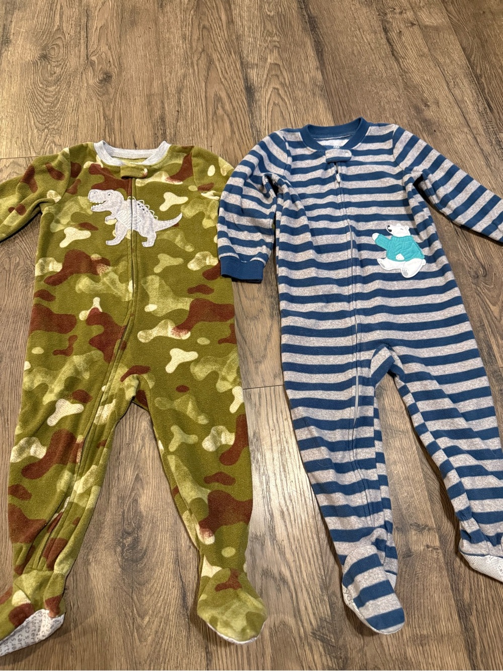Carter's Green Camo & Blue Striped Baby One-Piece Footies - Dino & Bear
